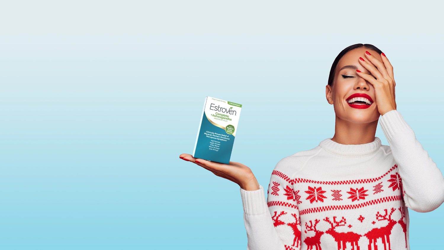 Woman in a holiday sweater holding up an Estroven product promoting the holiday sale 25% off.
