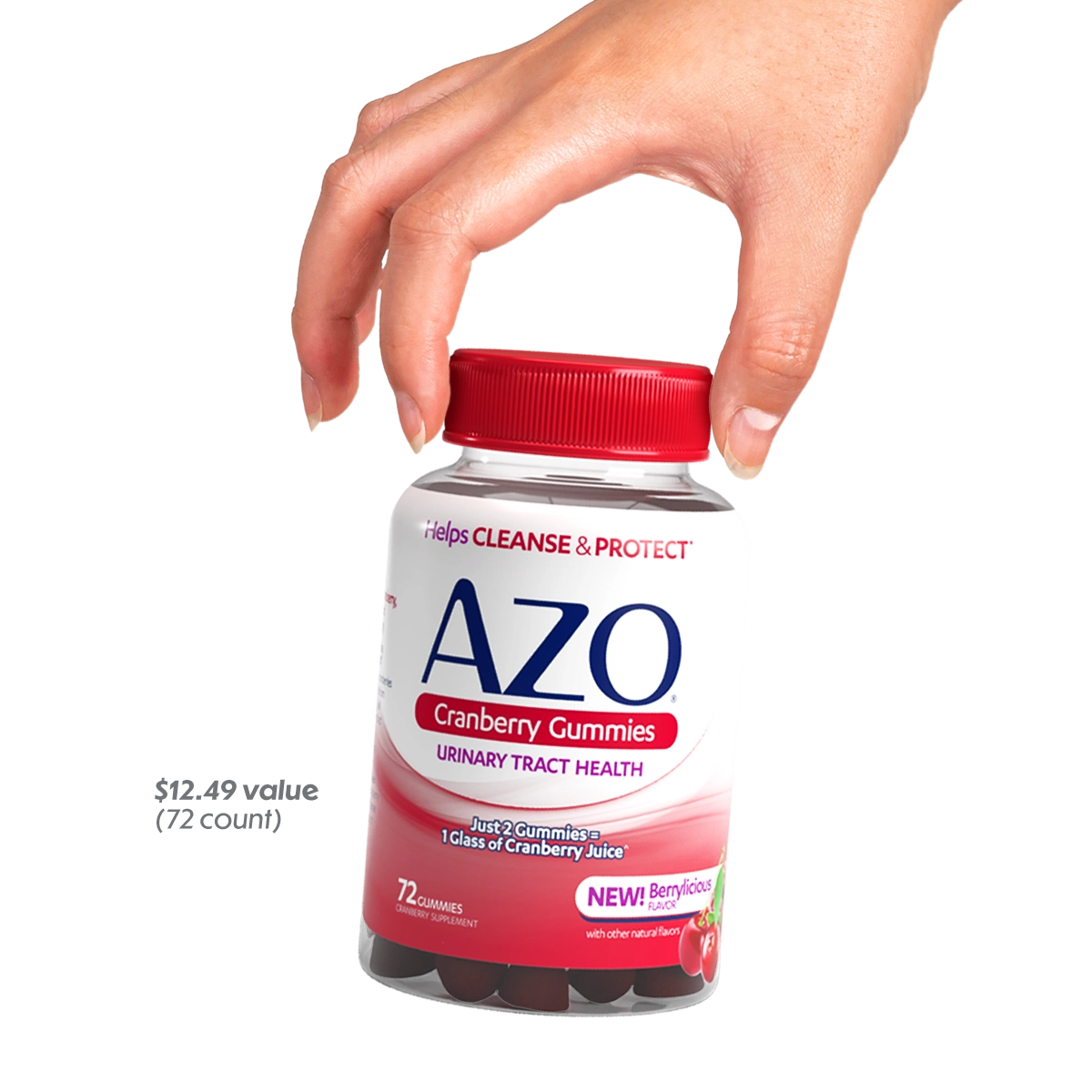 hand holding a bottle of azo cranberry gummies