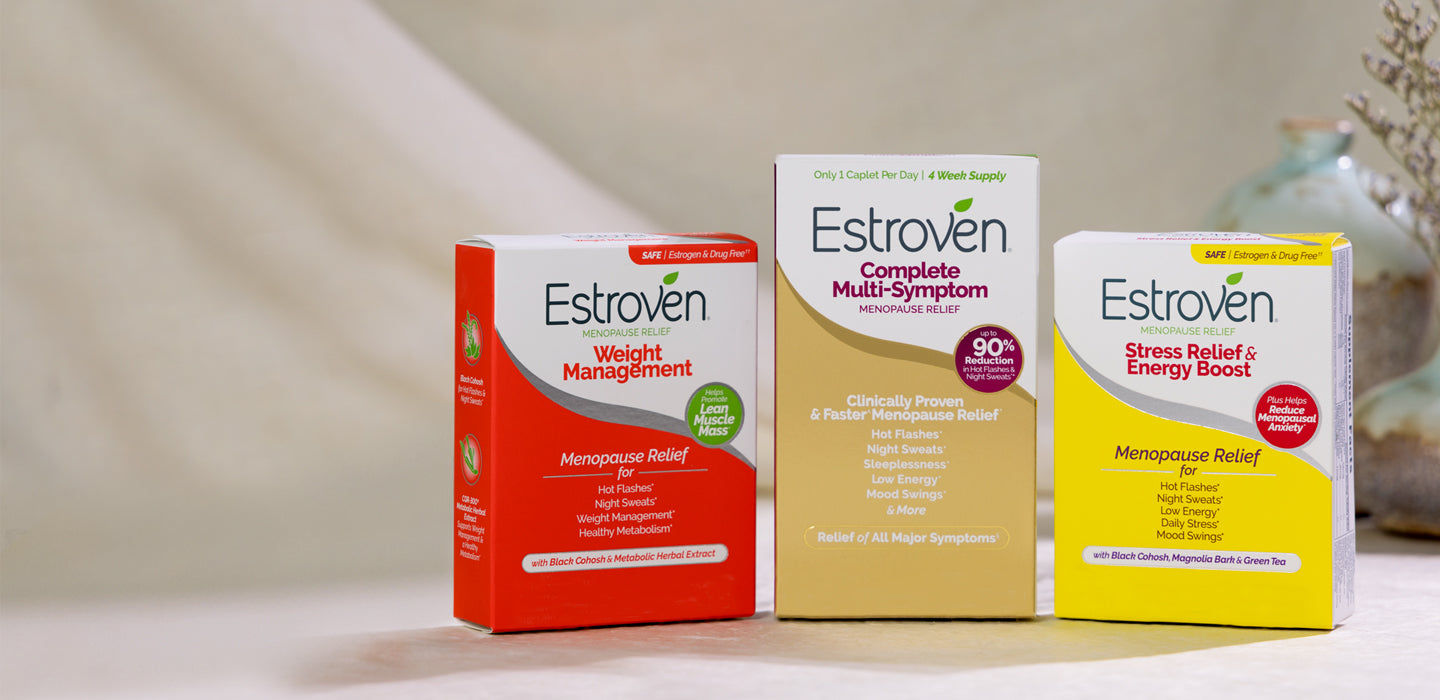 image of three of Estroven products, weight management, multi-symptom and stress relief