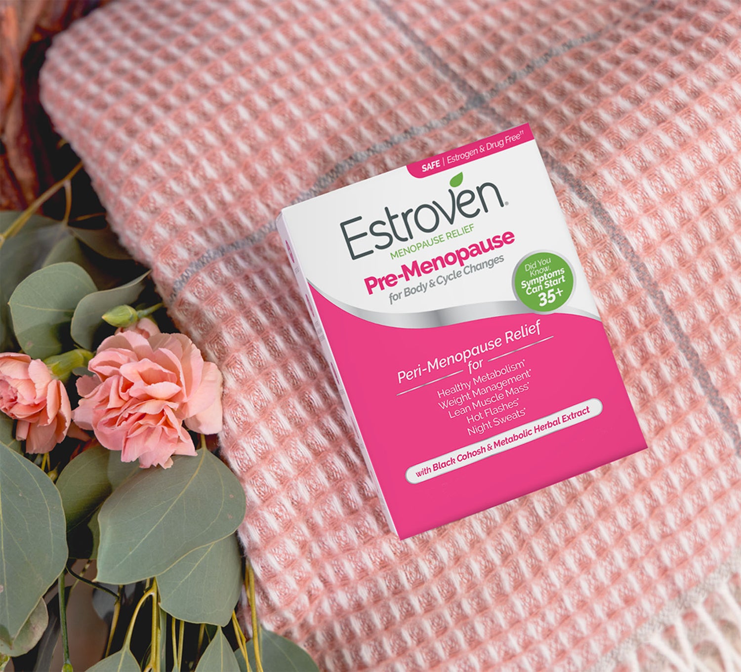 Estroven Pre-Menopause box on top of pink blanket