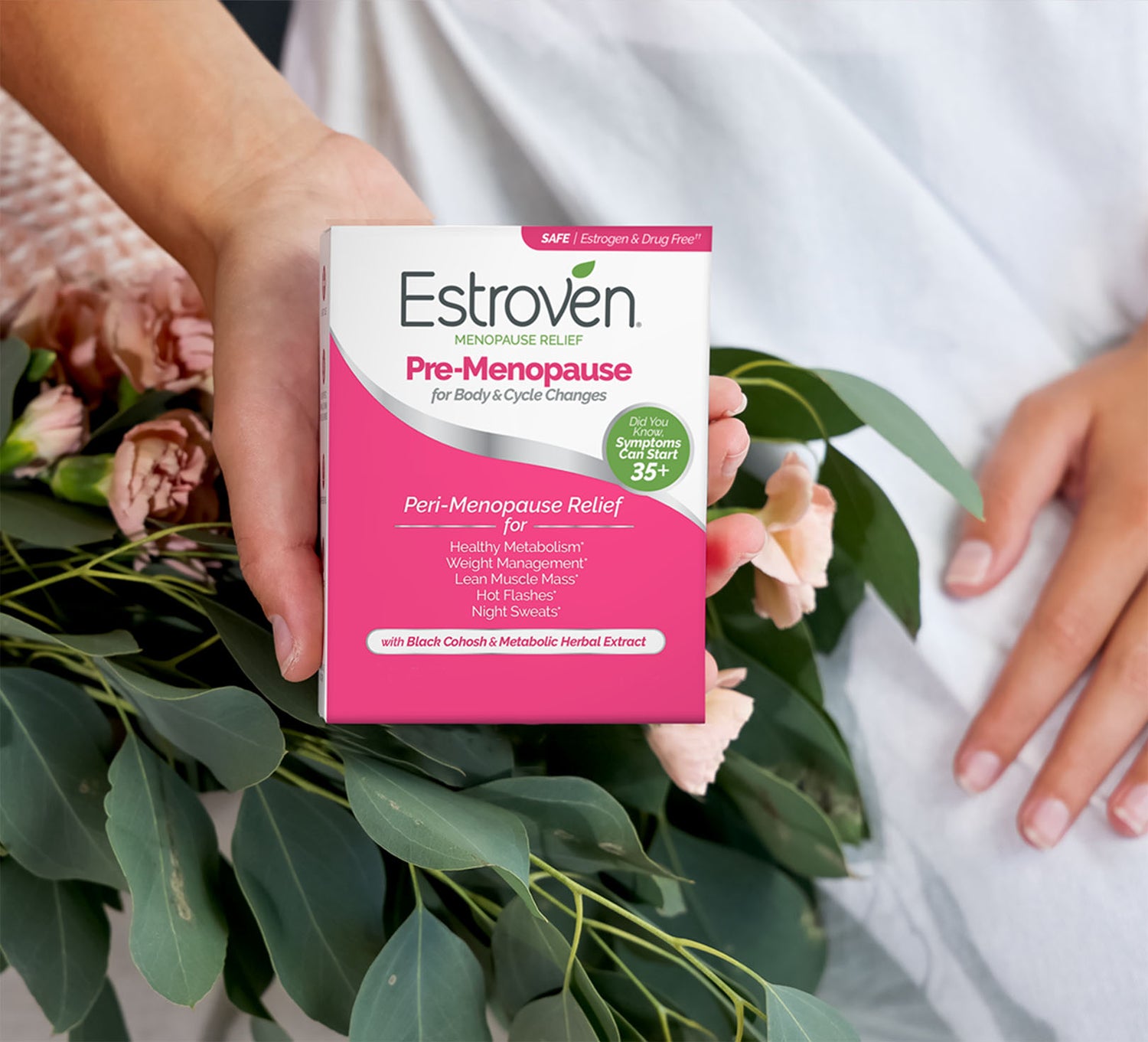 woman holding a Estroven Pre-Menopause box
