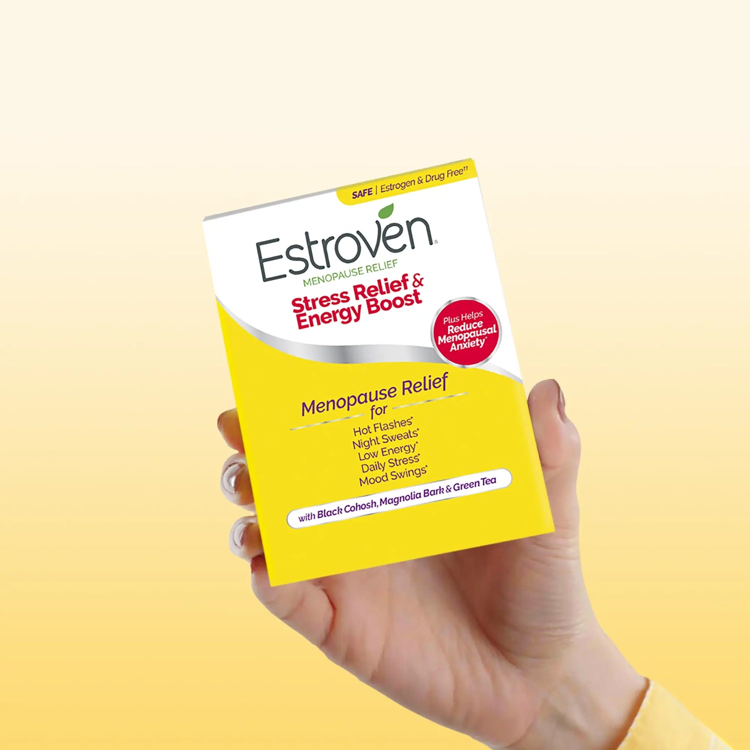hand holding box of Estroven Sress Relief & Energy Boost